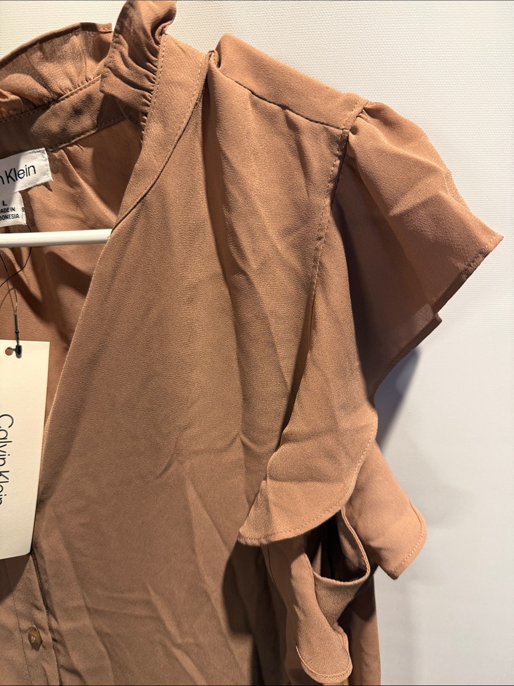 Calvin Klein Rust Brown Ruffle Sleeve Button Blouse New With Tags Size: L - Picture 6 of 10